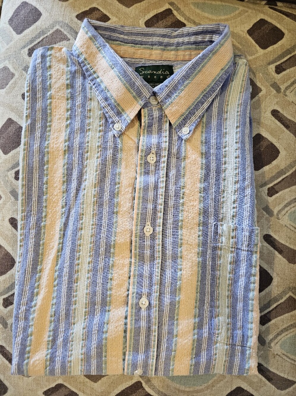 Scandia Woods Casual Blue & Cream Striped Cotton Button-Down Shirt